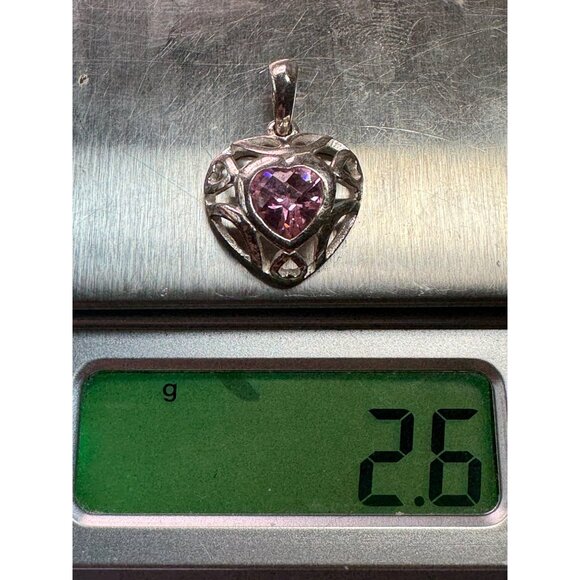 Estate Sterling Silver 925 Heart Pendant Pink Stone Filigree Design 2.6g - Picture 8 of 8